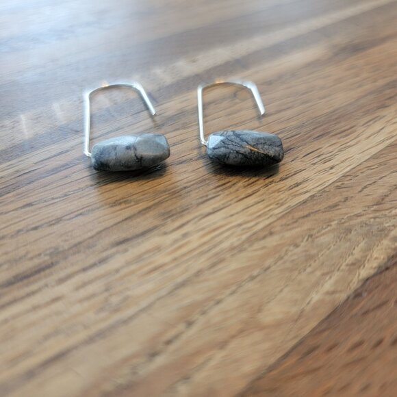 Boho Faux Floating Stone Gray w Silver Hook Earrings - Picture 2 of 11
